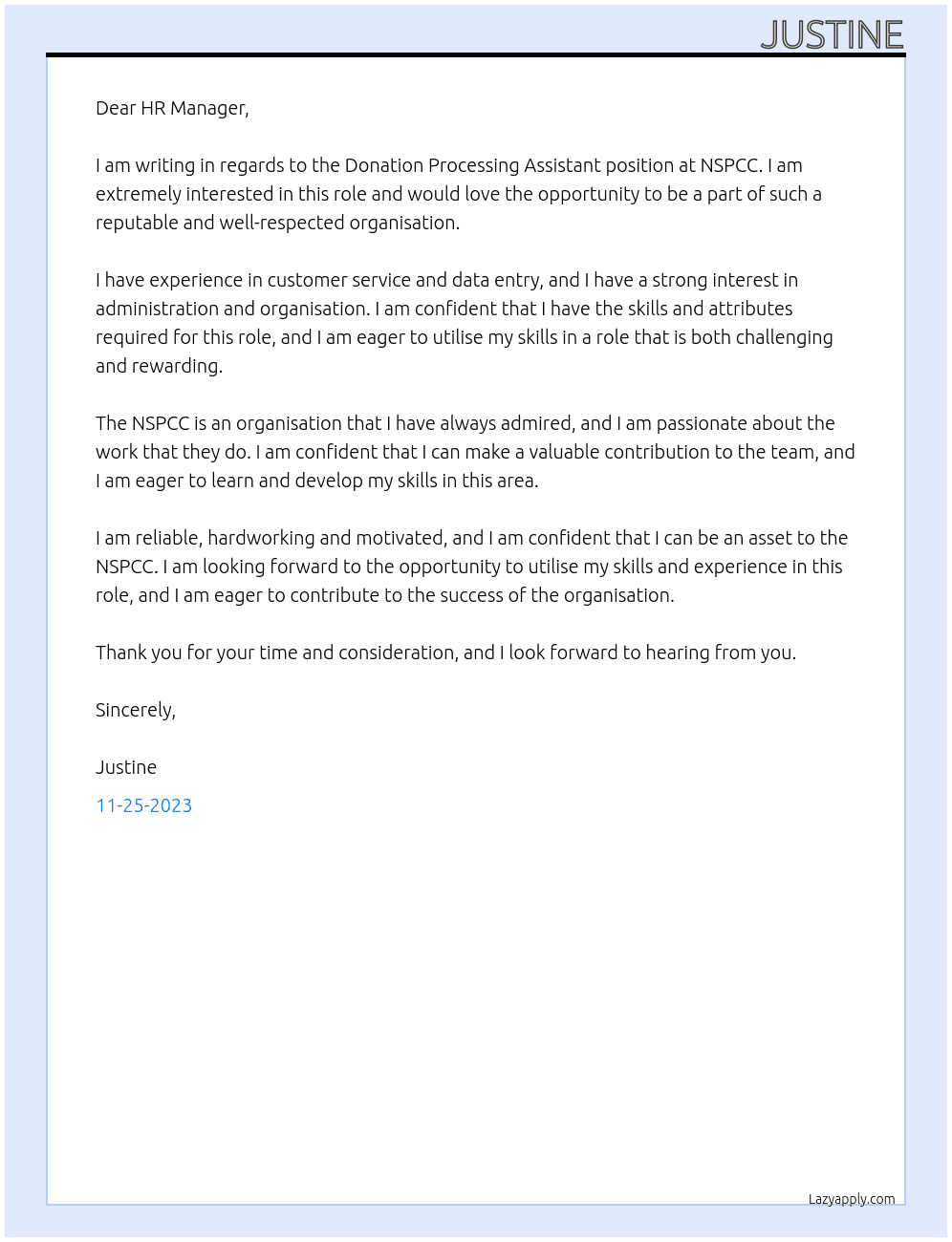 Donation Processing Assistant At NSPCC Cover Letter
