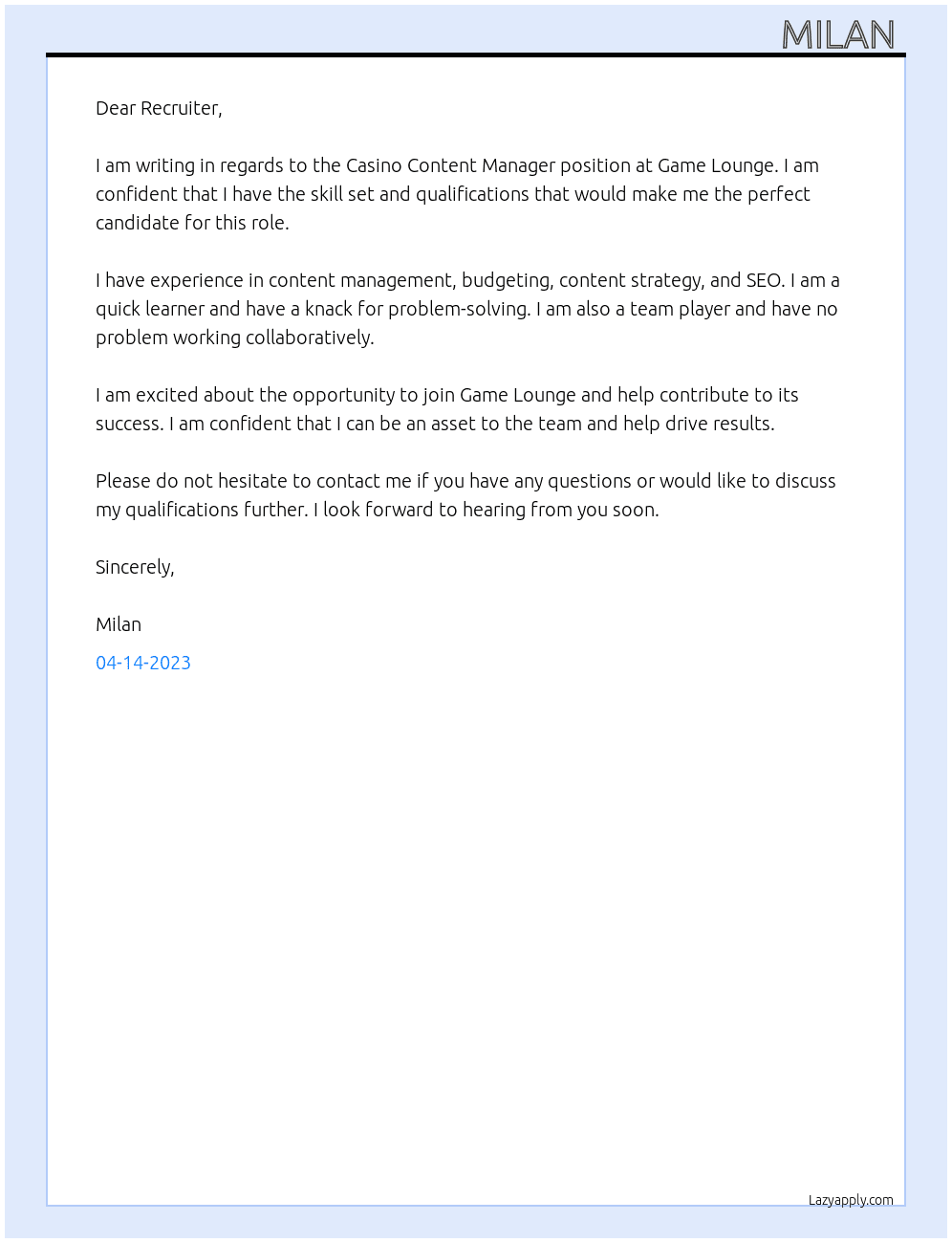 Casino Content Manager  At Game Lounge Cover Letter