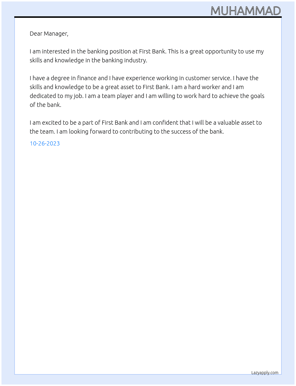Banking At First bank Cover Letter