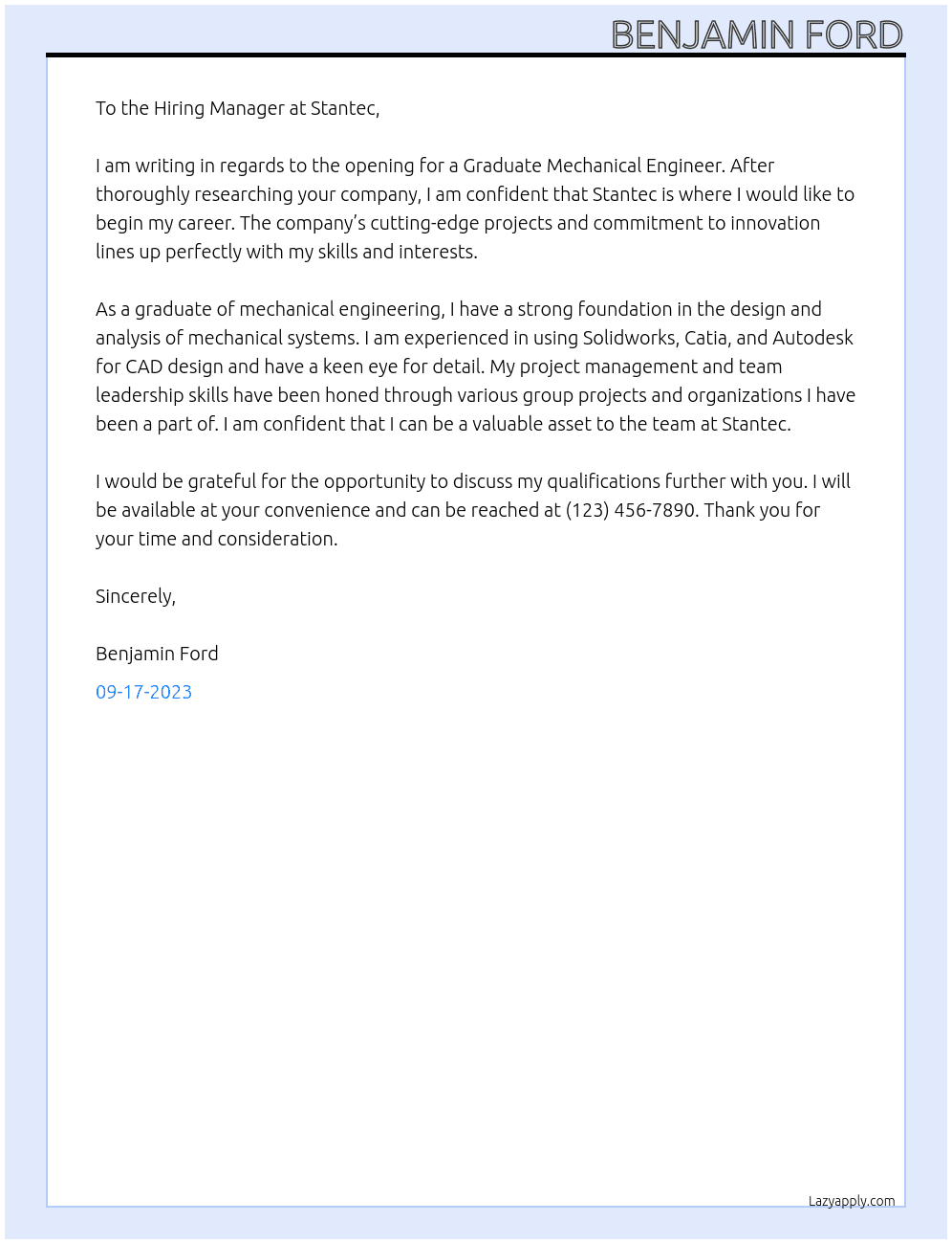 Graduate Mechanical Engineer At Stantec Cover Letter