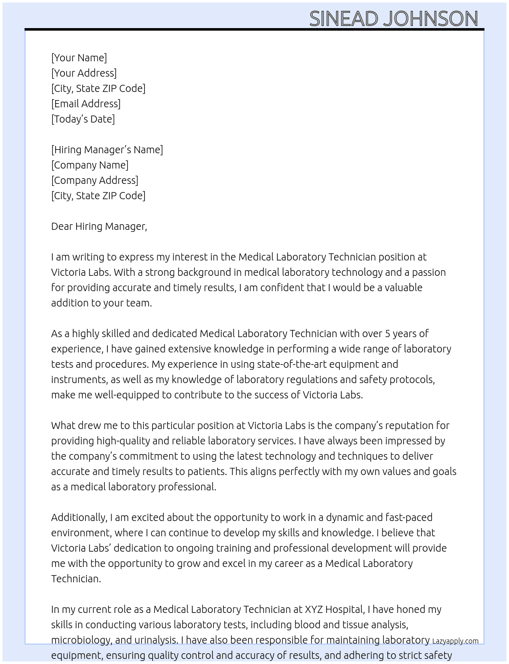 Medical Laboratory Technician At Victoria Labs  Cover Letter
