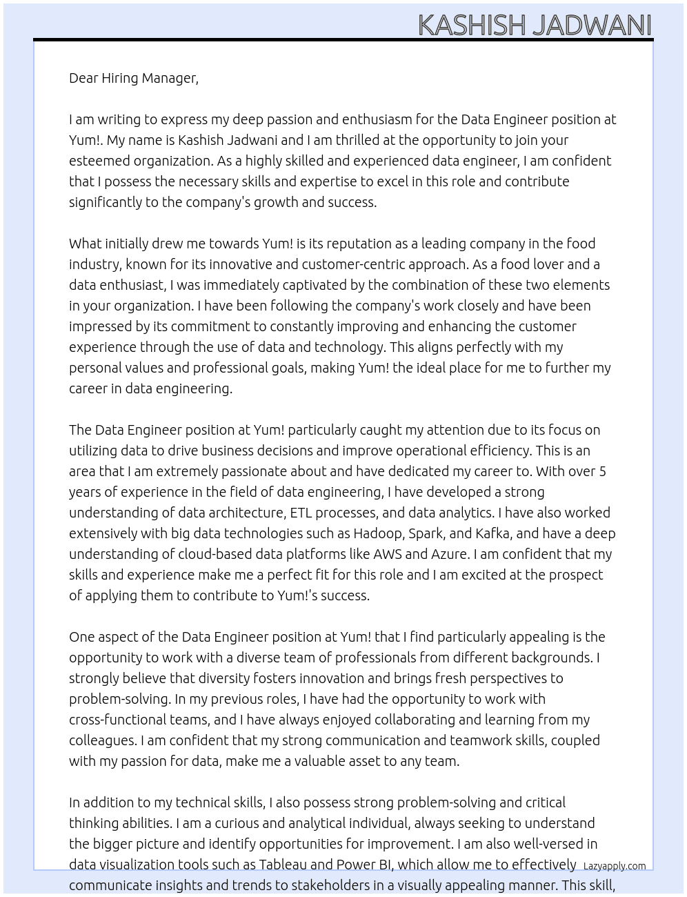 Data Engineer At Yum! Cover Letter