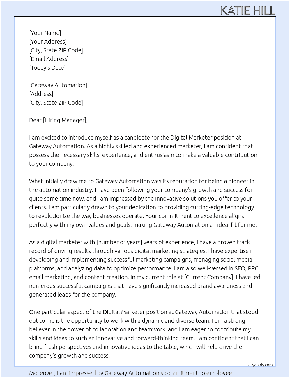 Digital Marketer At Gateway Automation Cover Letter