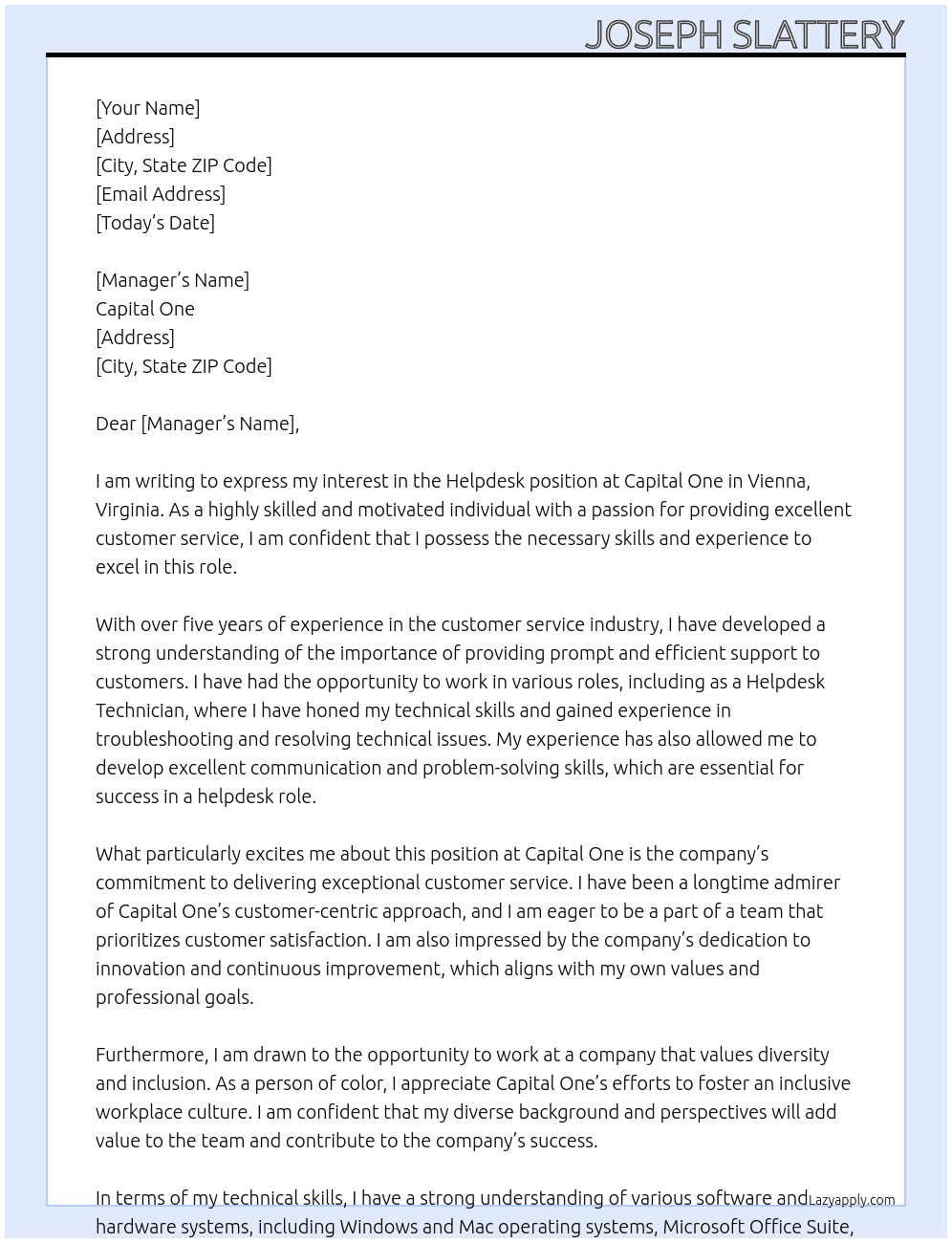 Helpdesk  At Capital one Cover Letter