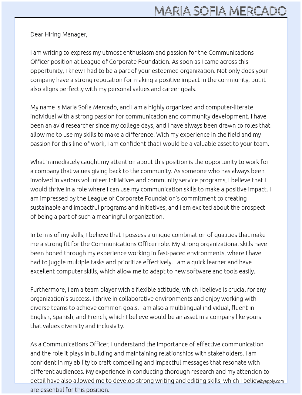 Communications Officer  At League of Corporate Foundation  Cover Letter