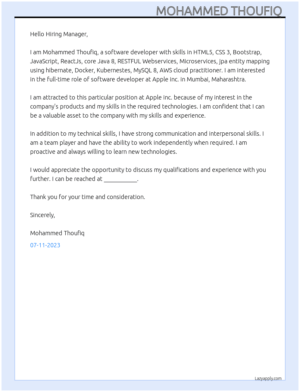Software developer  At Apple inc. Cover Letter