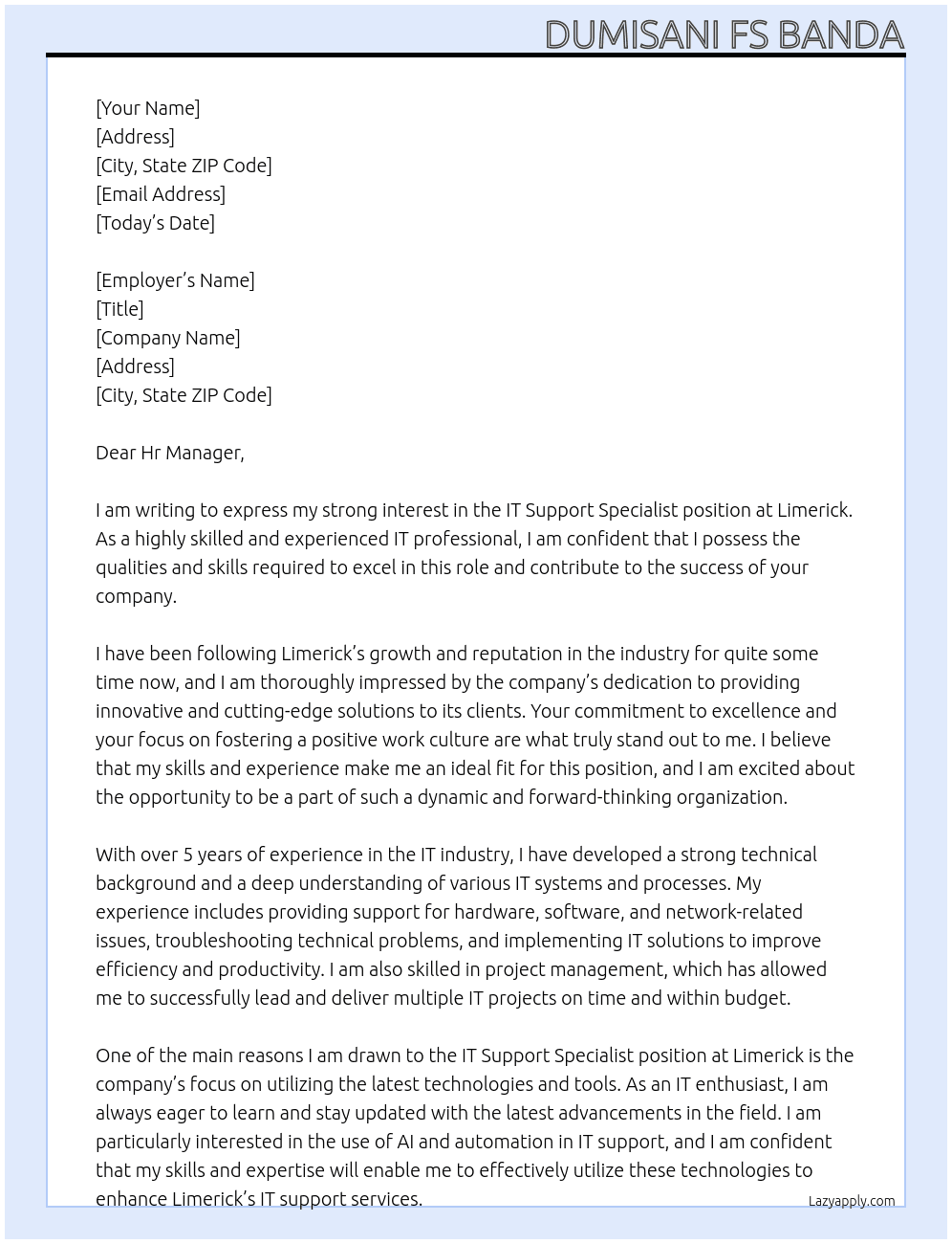 IT Support Specialist At Limerick Cover Letter