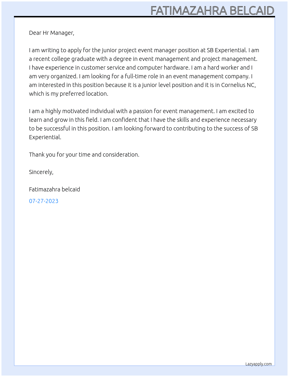 junior project event manager  At SB EXPERIENTIAL  Cover Letter