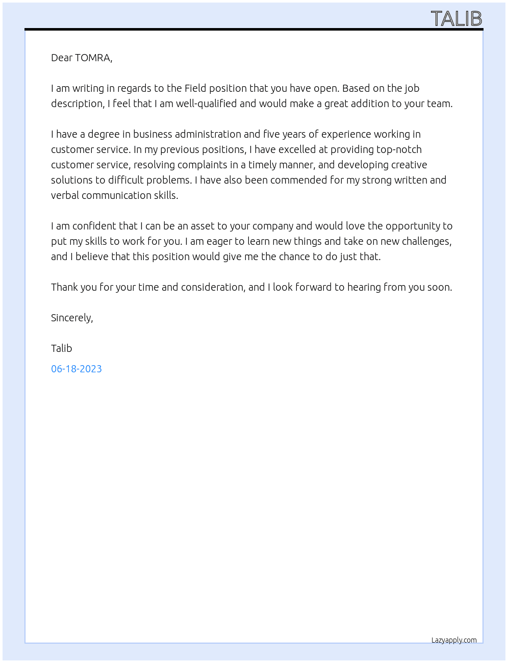 Field  At TOMRA Cover Letter