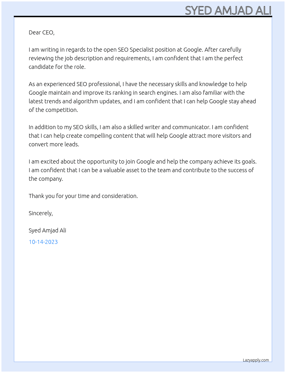 SEO Specialist At Googlr Cover Letter
