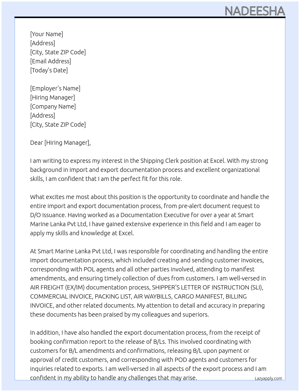 Shipping Clerk At excel Cover Letter