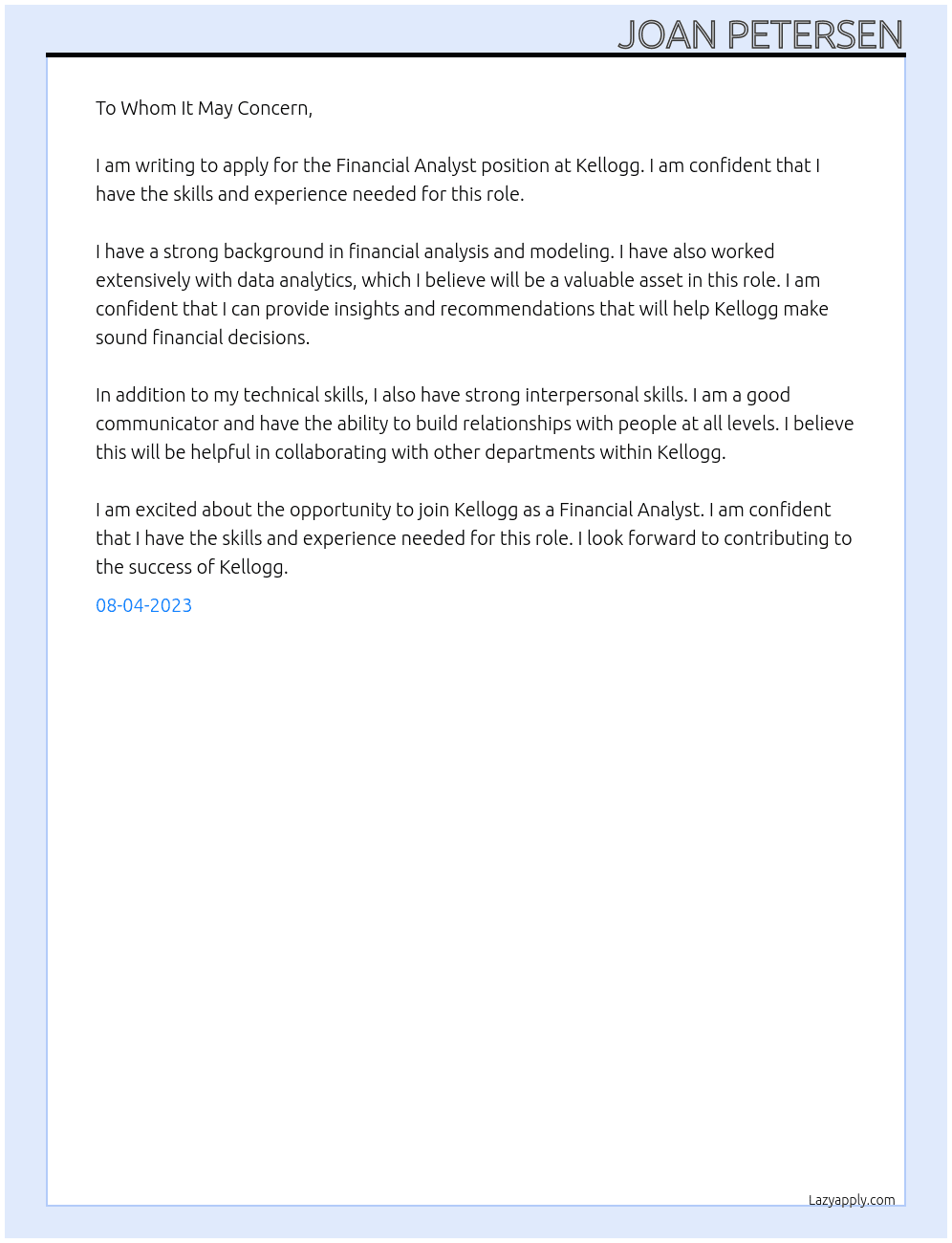Financial Analyst At Kellogg Cover Letter