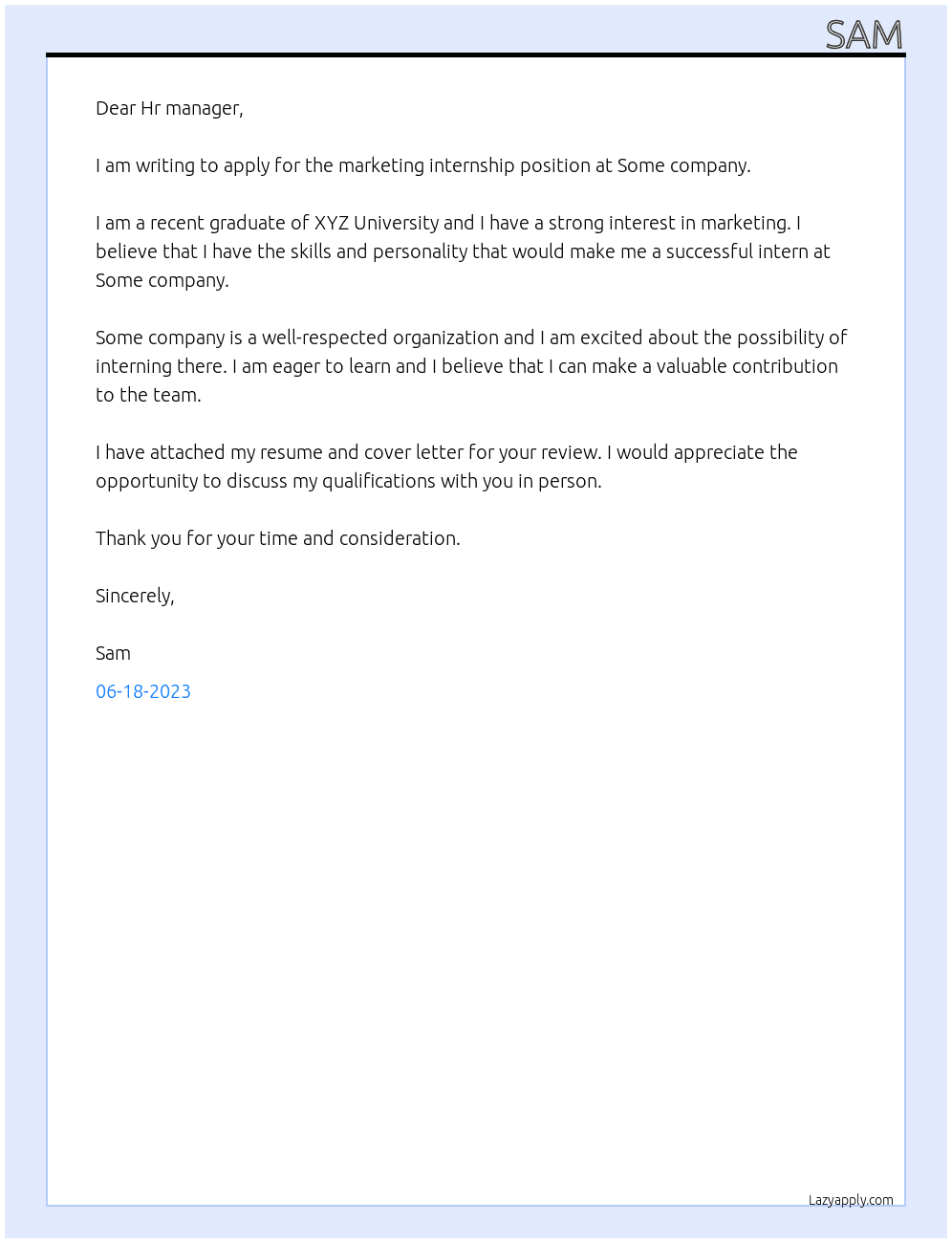 Marketing internship At Some company  Cover Letter