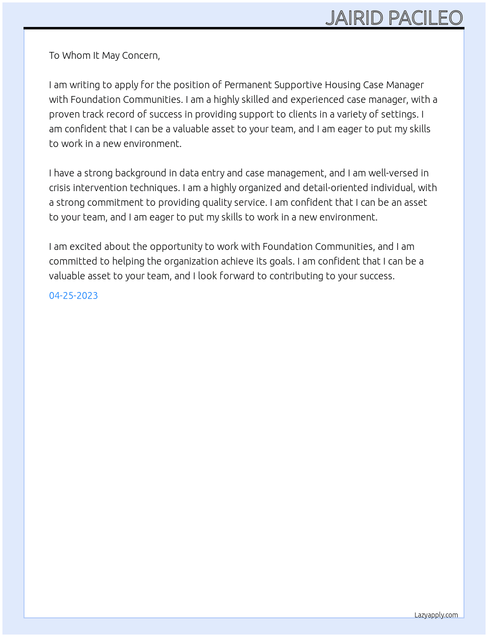 Permanent Supportive Housing Case Manager At Foundation Communities Cover Letter