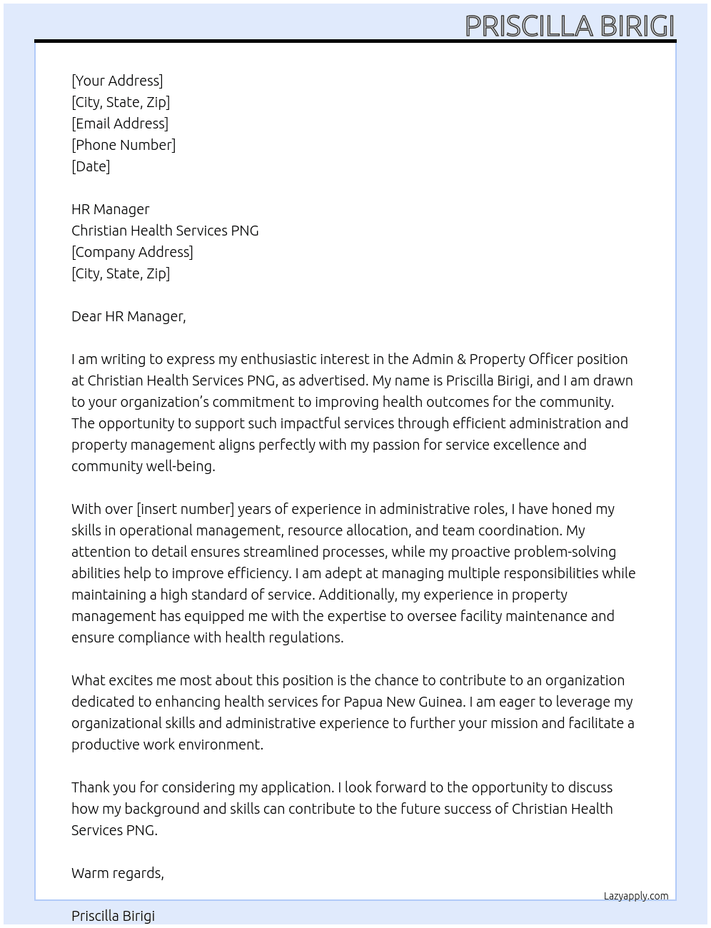 Admin & Property Officer  At Christian Health Services PNG Cover Letter