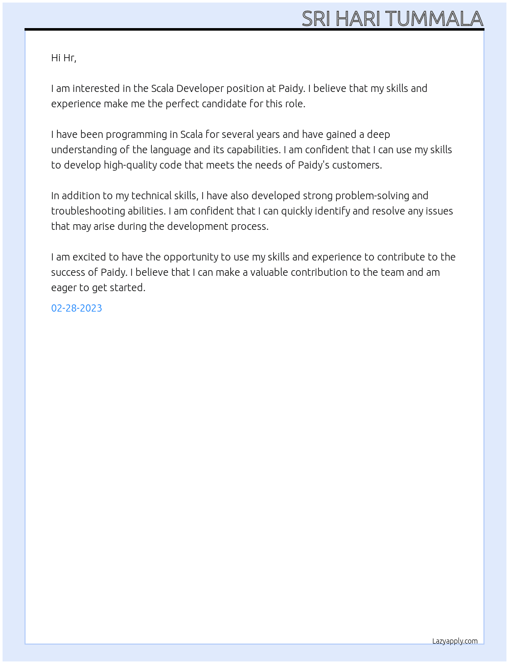 Scala Developer At Paidy Cover Letter