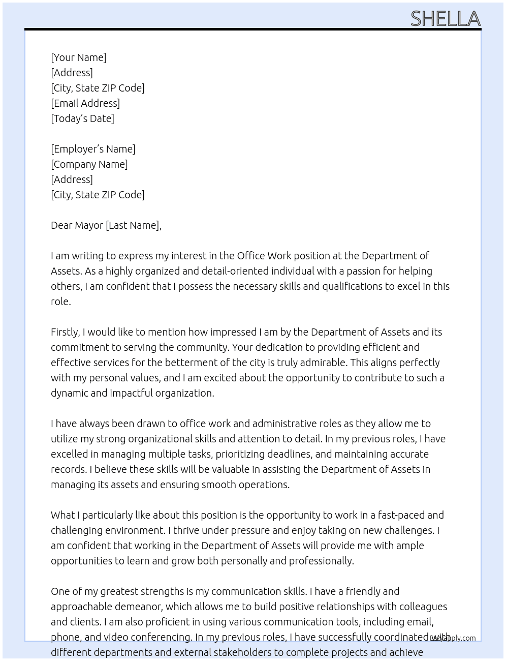 office work At Department of assets Cover Letter