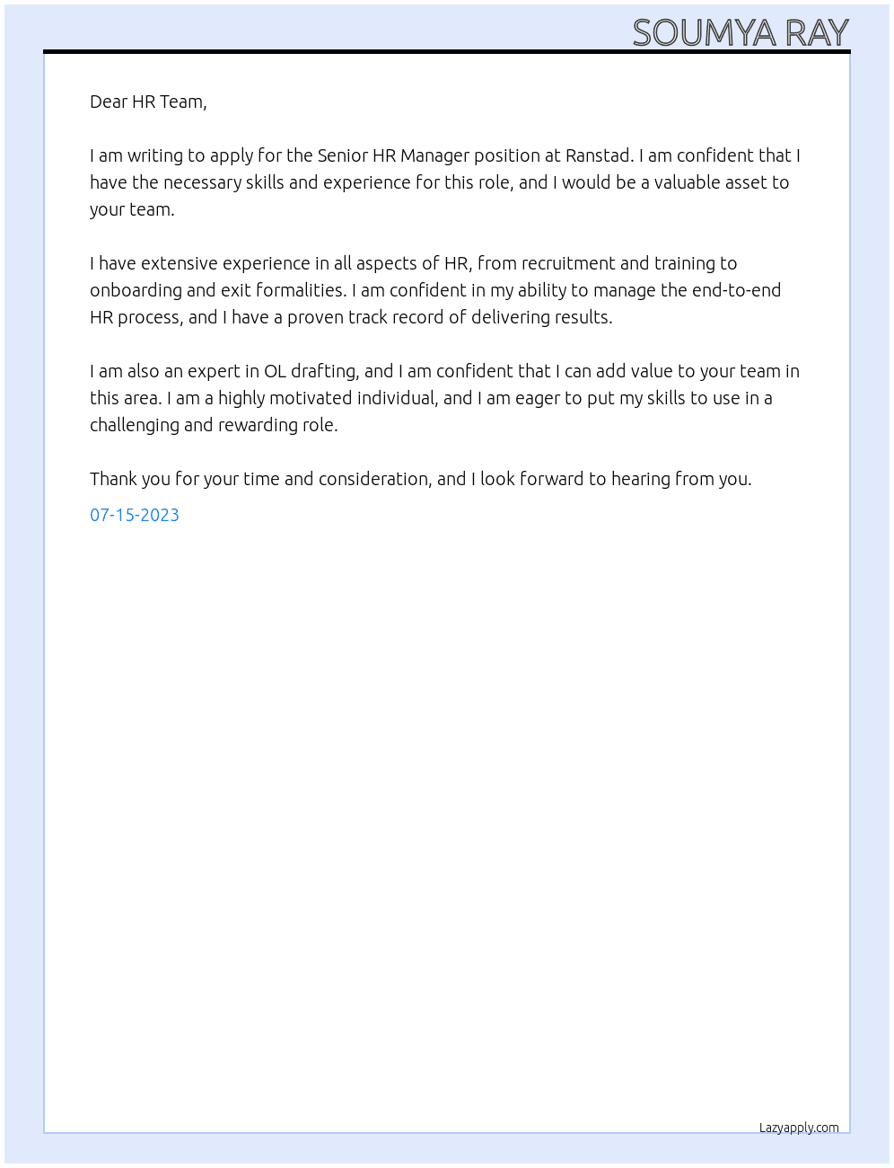 Senior HR Manager At Ranstad Cover Letter
