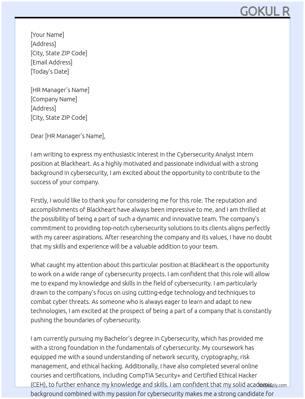 Cybersecurity Analyst Intern At Blackheart Cover Letter