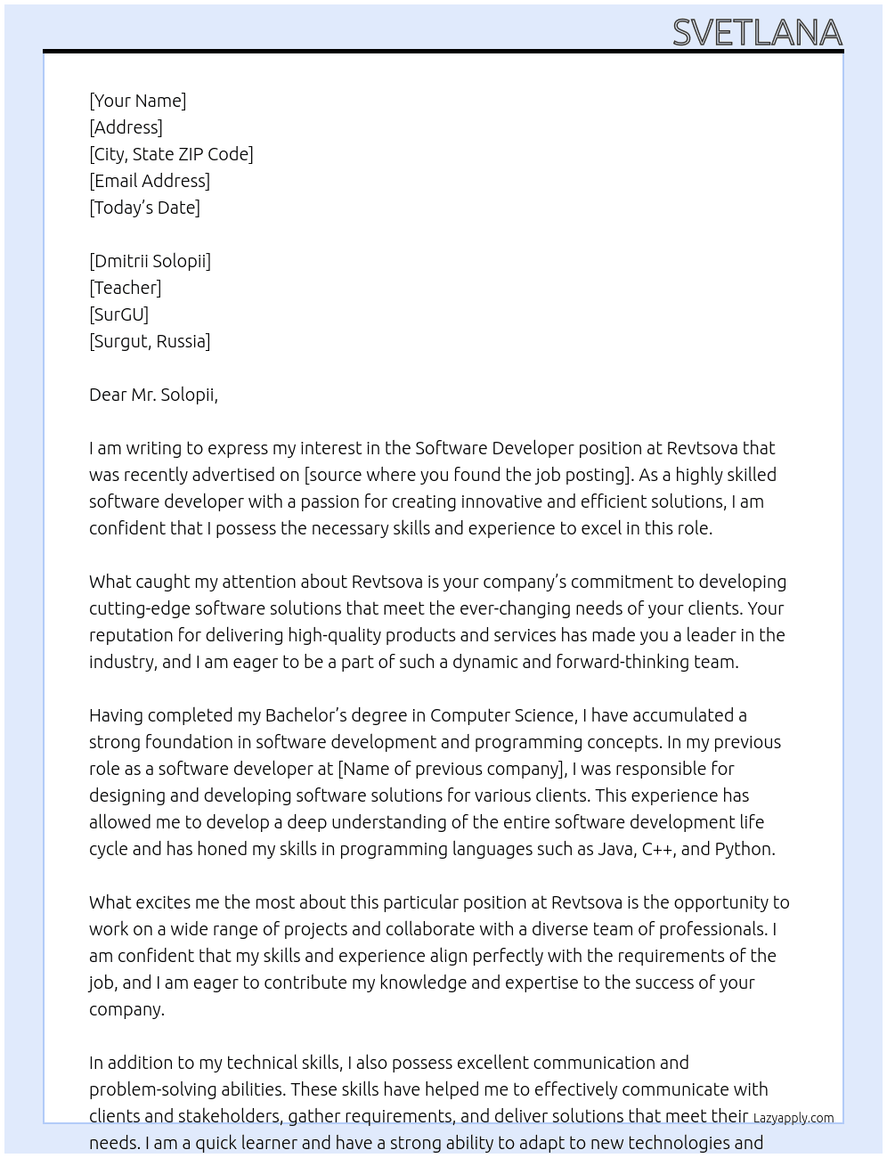software developer At Revtsova Cover Letter