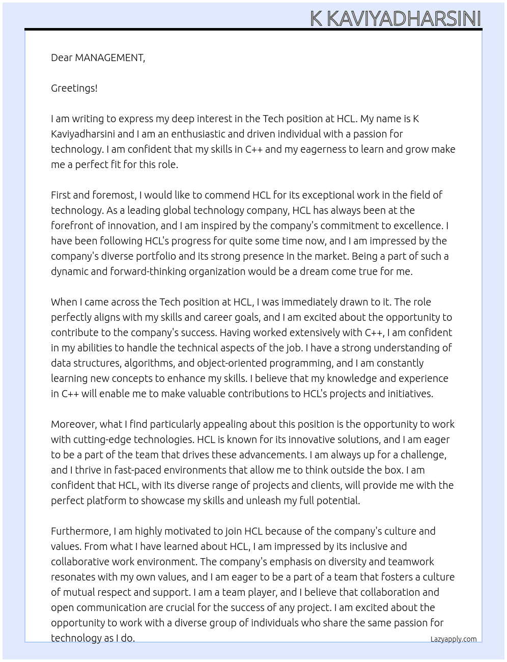 Tech At HCL Cover Letter