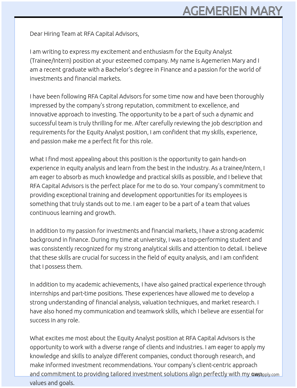 Equity Analyst (Trainee/Intern) At RFA Capital Advisors Cover Letter
