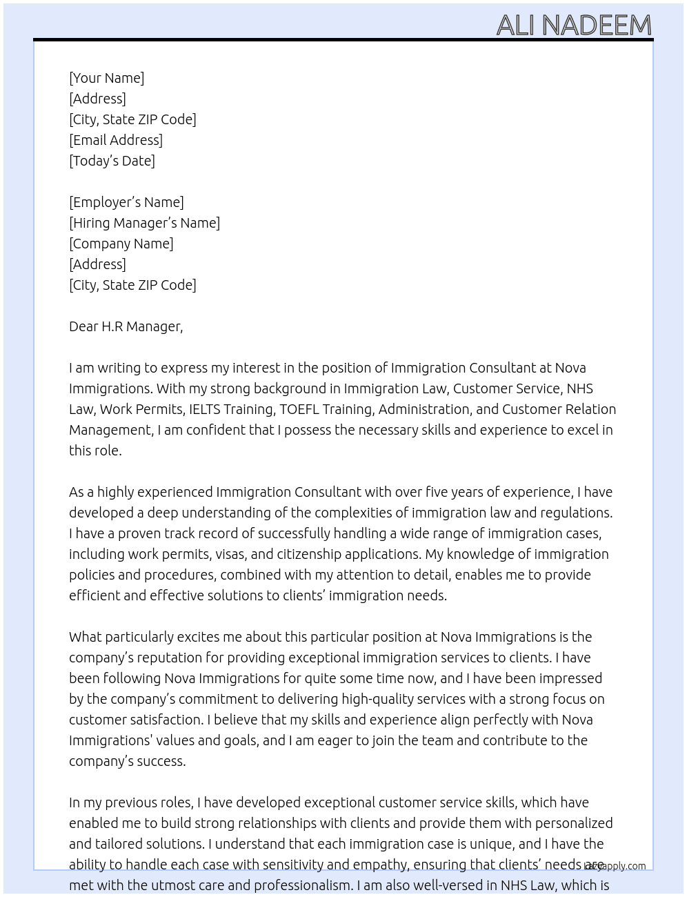 Immigration Consultant At Nova Immigrations Cover Letter