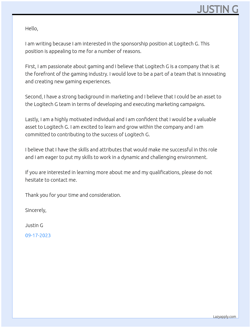 Sponsorship  At Logitech G Cover Letter