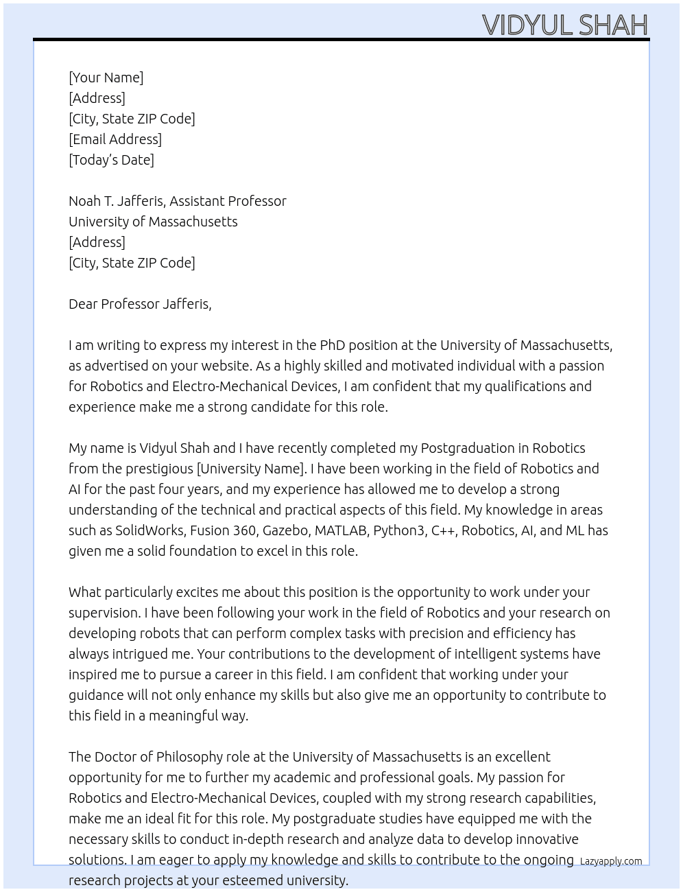 PhD Position At University of Massachusetts Cover Letter