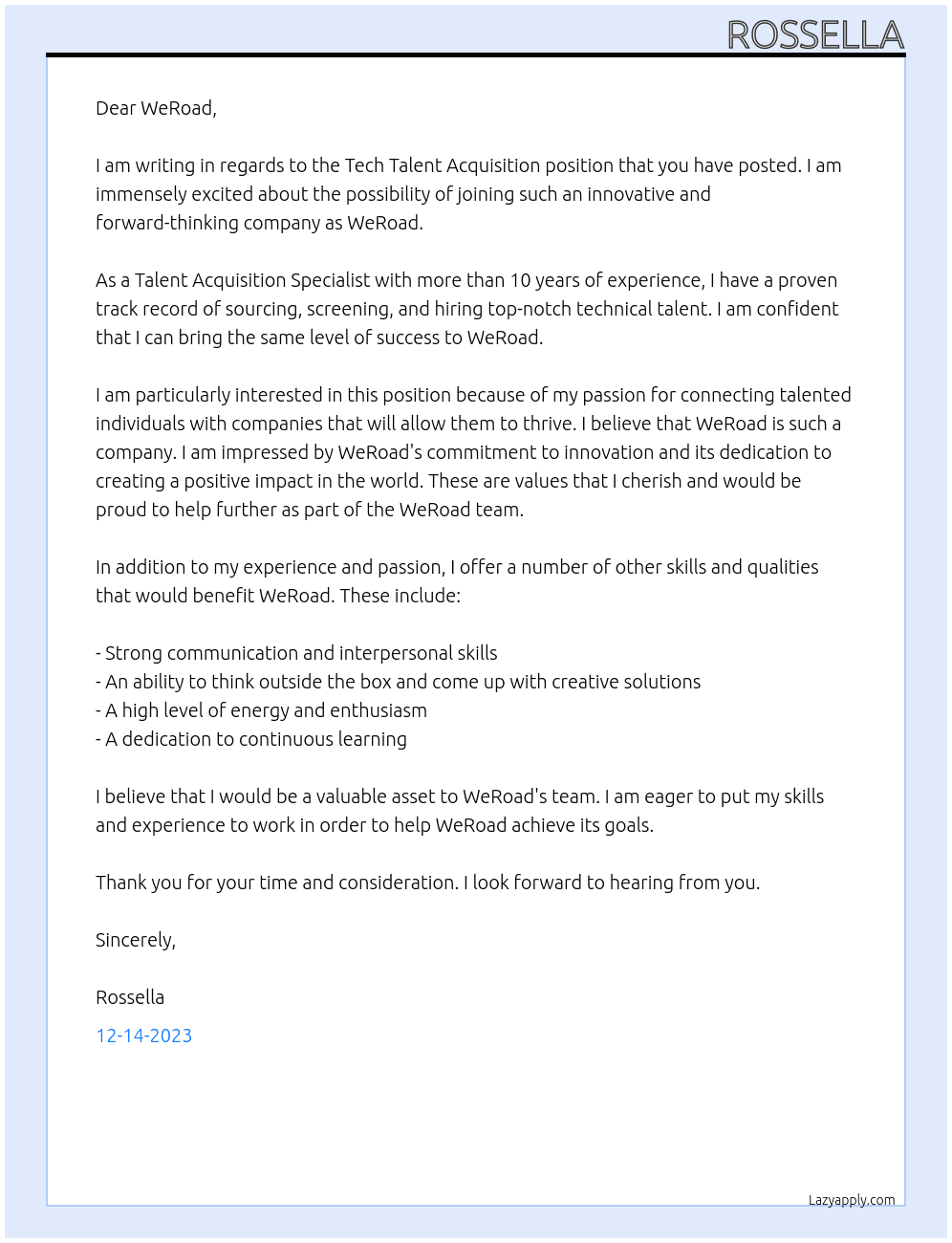 Tech Talent Acquisition At WeRoad Cover Letter