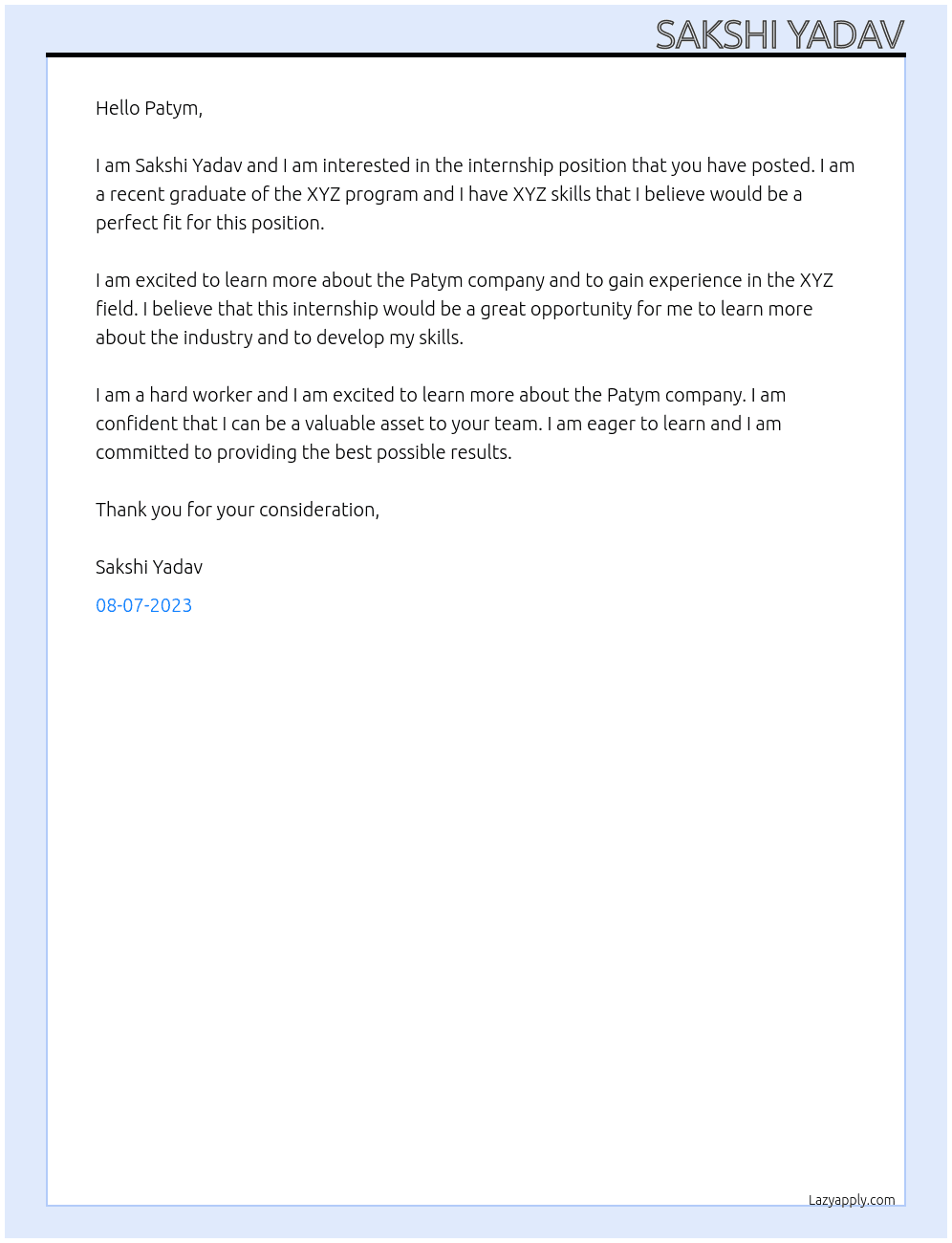 internship At patym Cover Letter