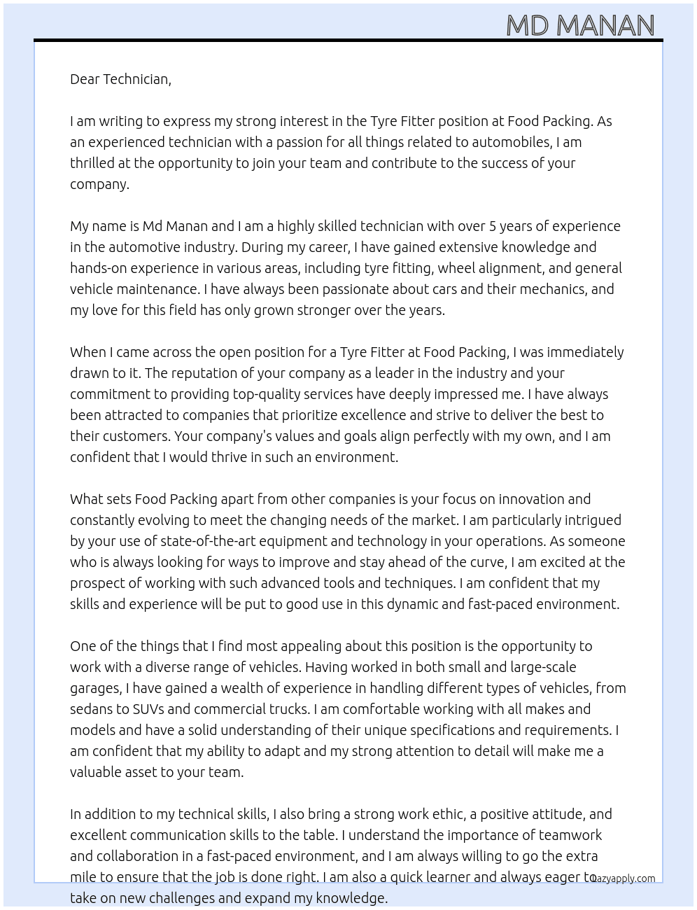 Tyre fitter At Food packing Cover Letter