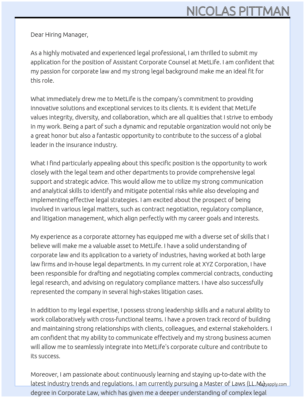 Assistant Corporate Counsel At MetLife Cover Letter