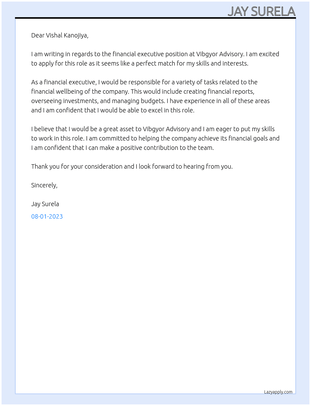 financial executive At VIBGYOR ADVISORY Cover Letter