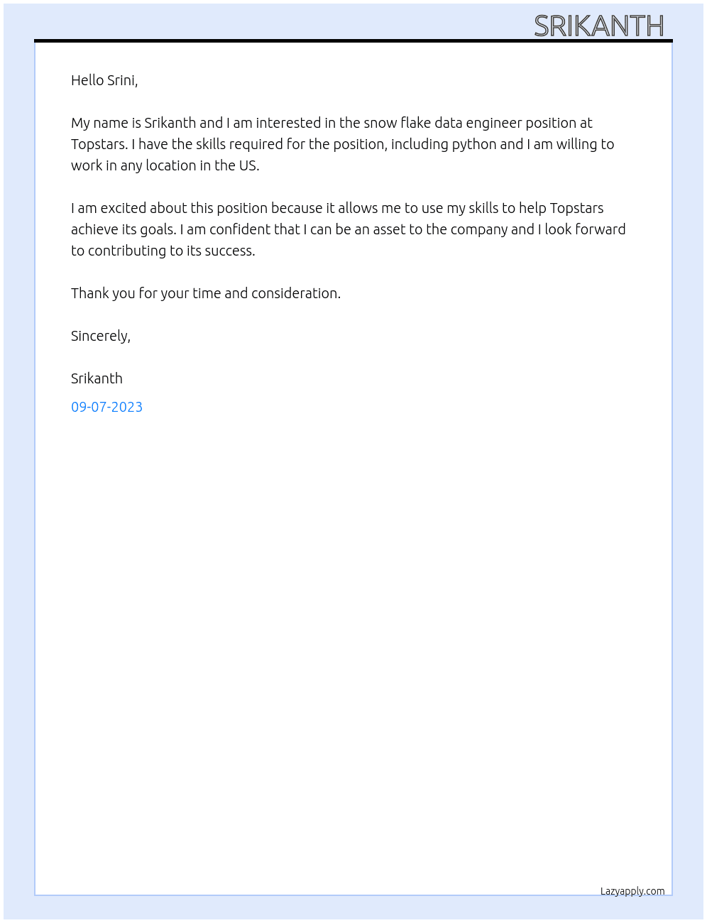 snow flake data engineer At topstars Cover Letter
