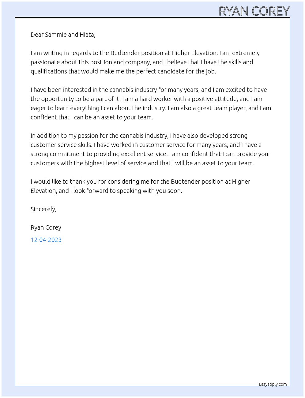 Budtender at Marijuana Dispensary At Higher Elevation Cover Letter