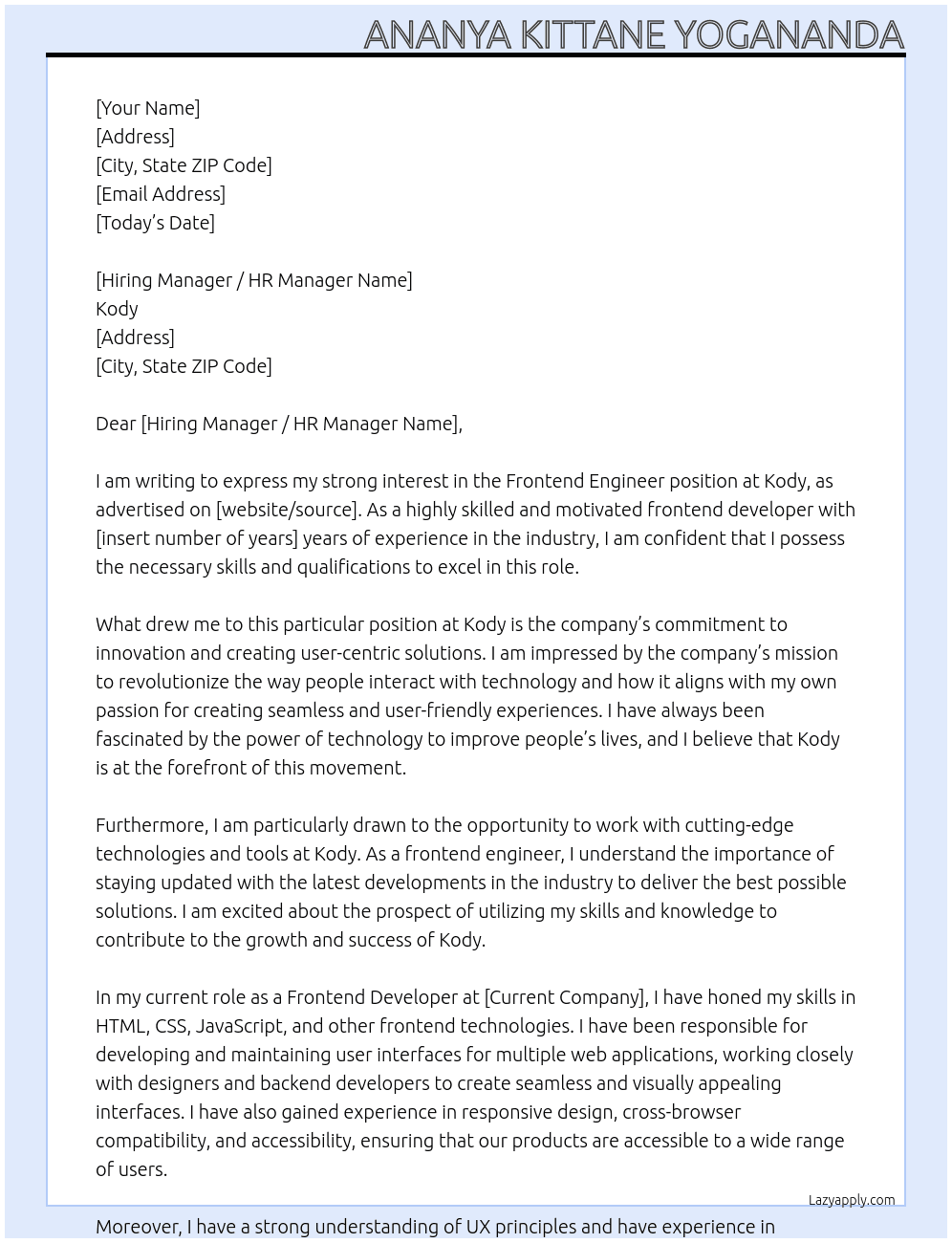 Frontend Engineer At Kody Cover Letter