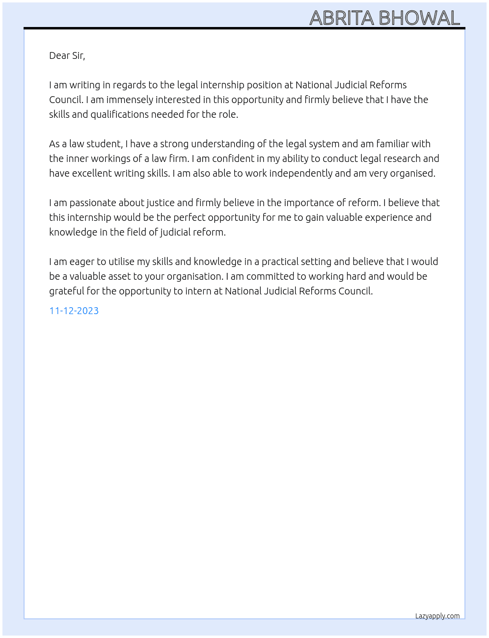 Legal internship  At National Judicial Reforms Council Cover Letter
