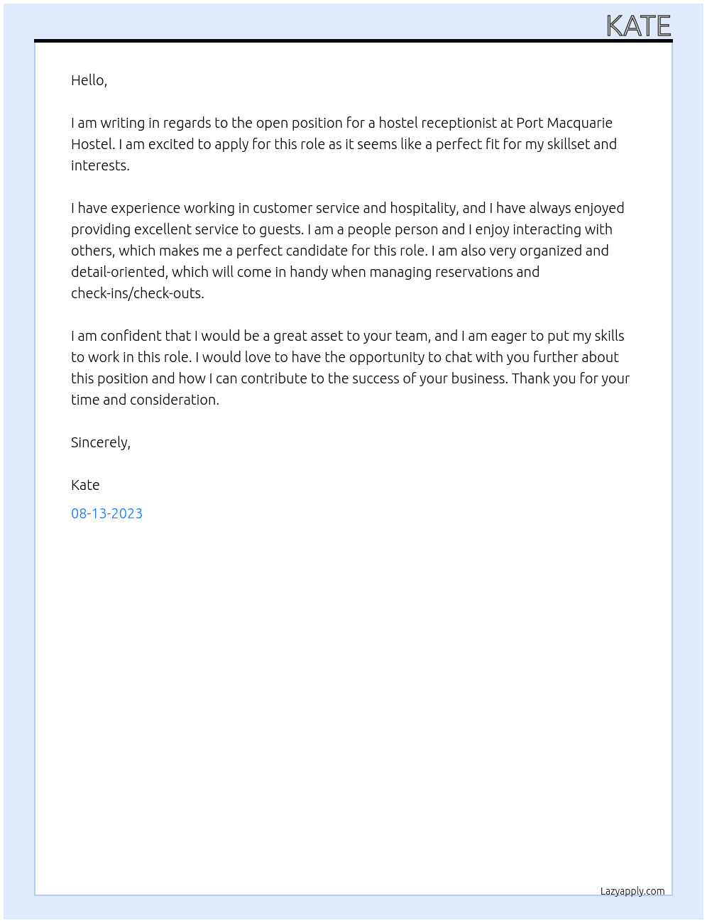 Hostel receptionist At Port Macquarie Hostel Cover Letter