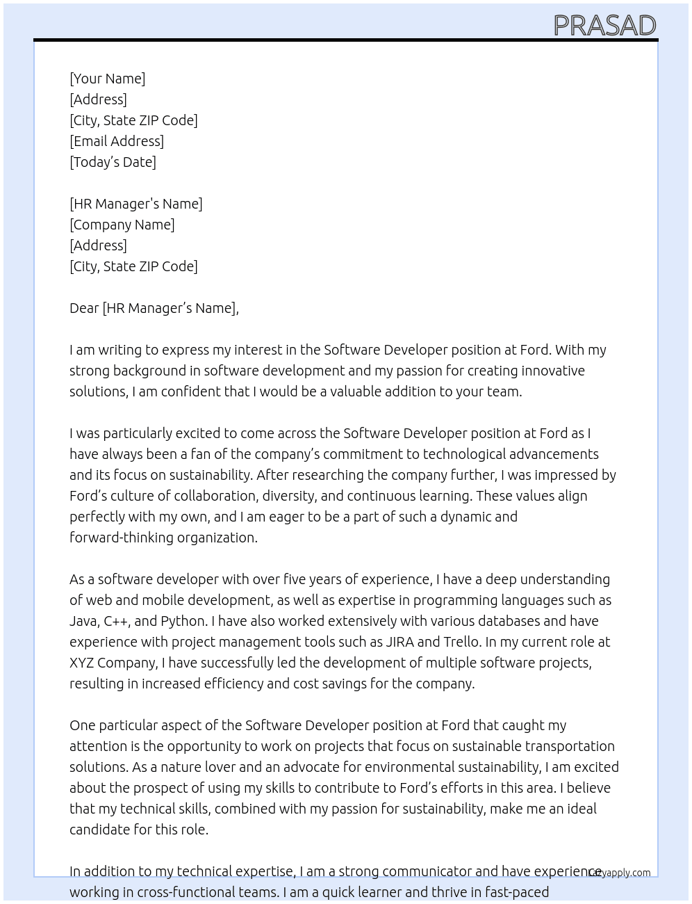 software devloper At FORD Cover Letter