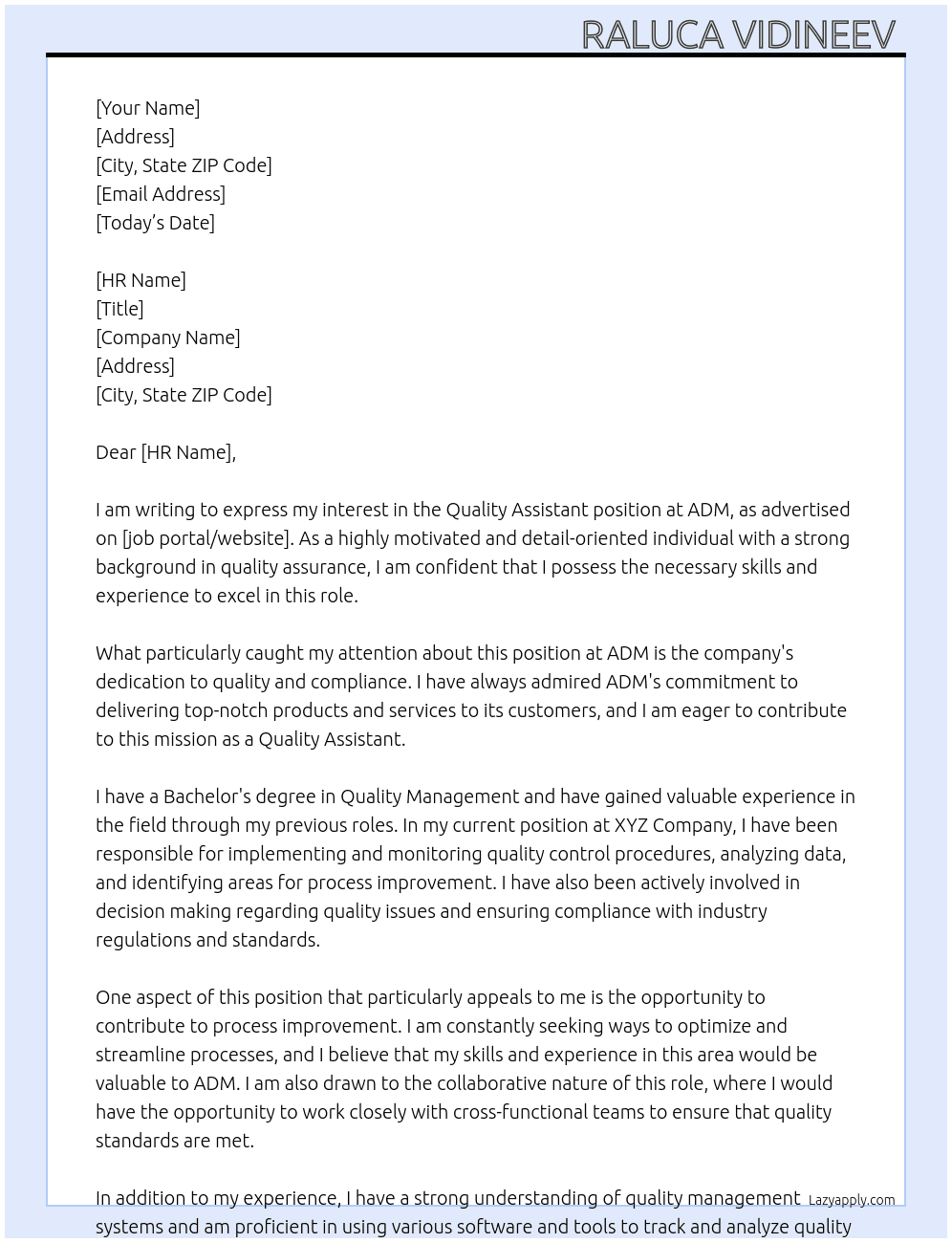 Quality Assistant  At ADM Cover Letter