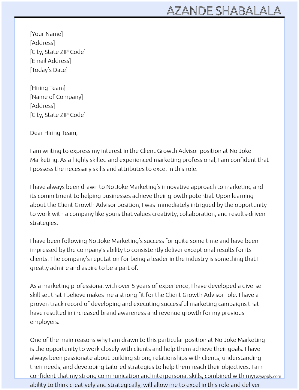 Client Growth Advisor At No Joke Marketing Cover Letter