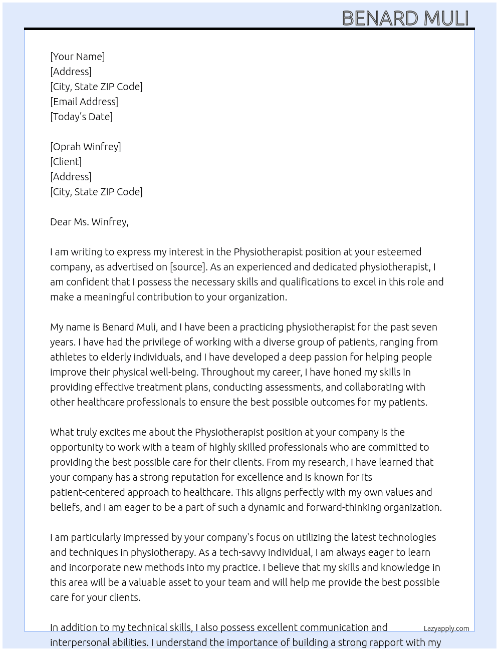 Physiotherapist  At Client Cover Letter
