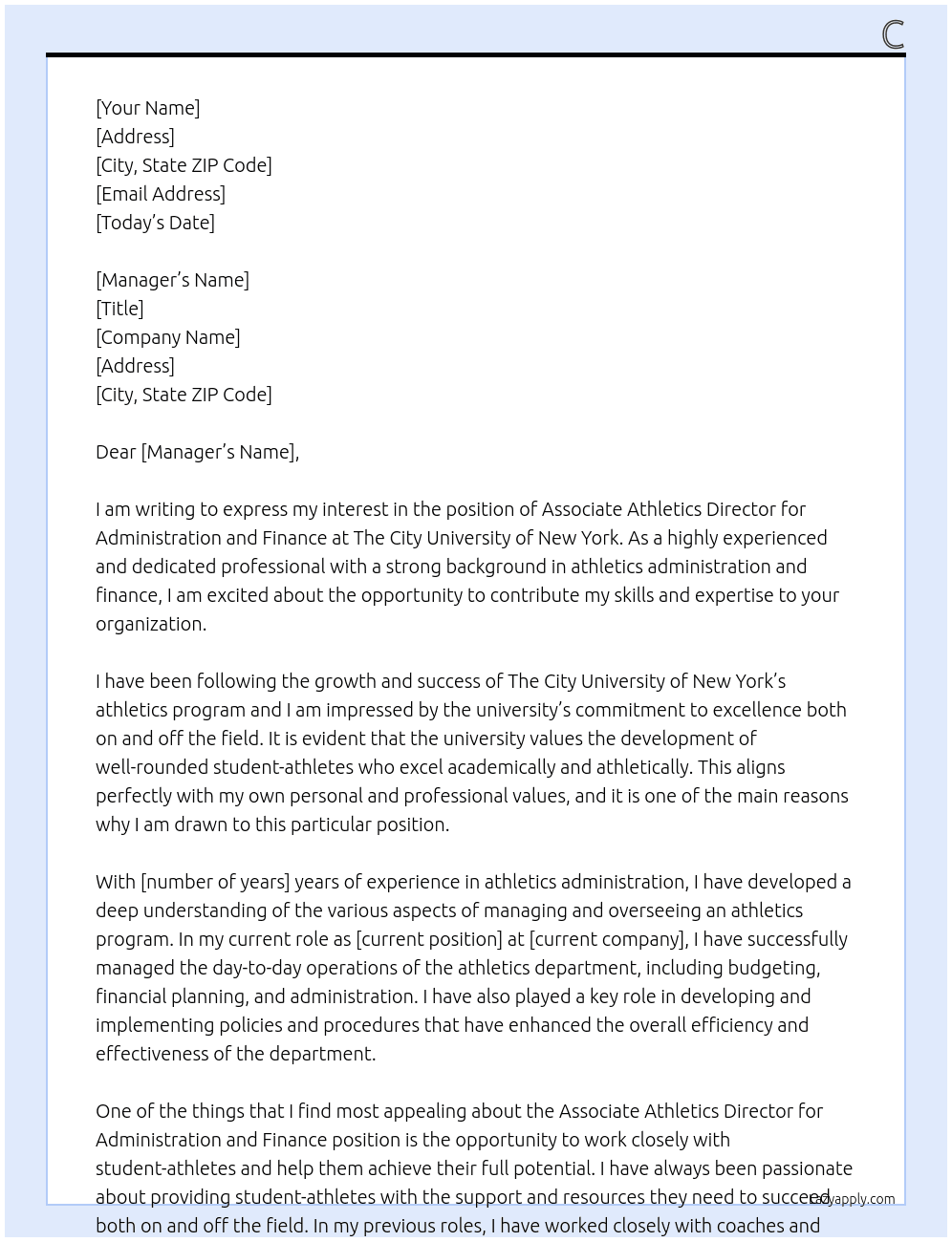 Cover letter for associate athletics director for administration and finance - LazyApply