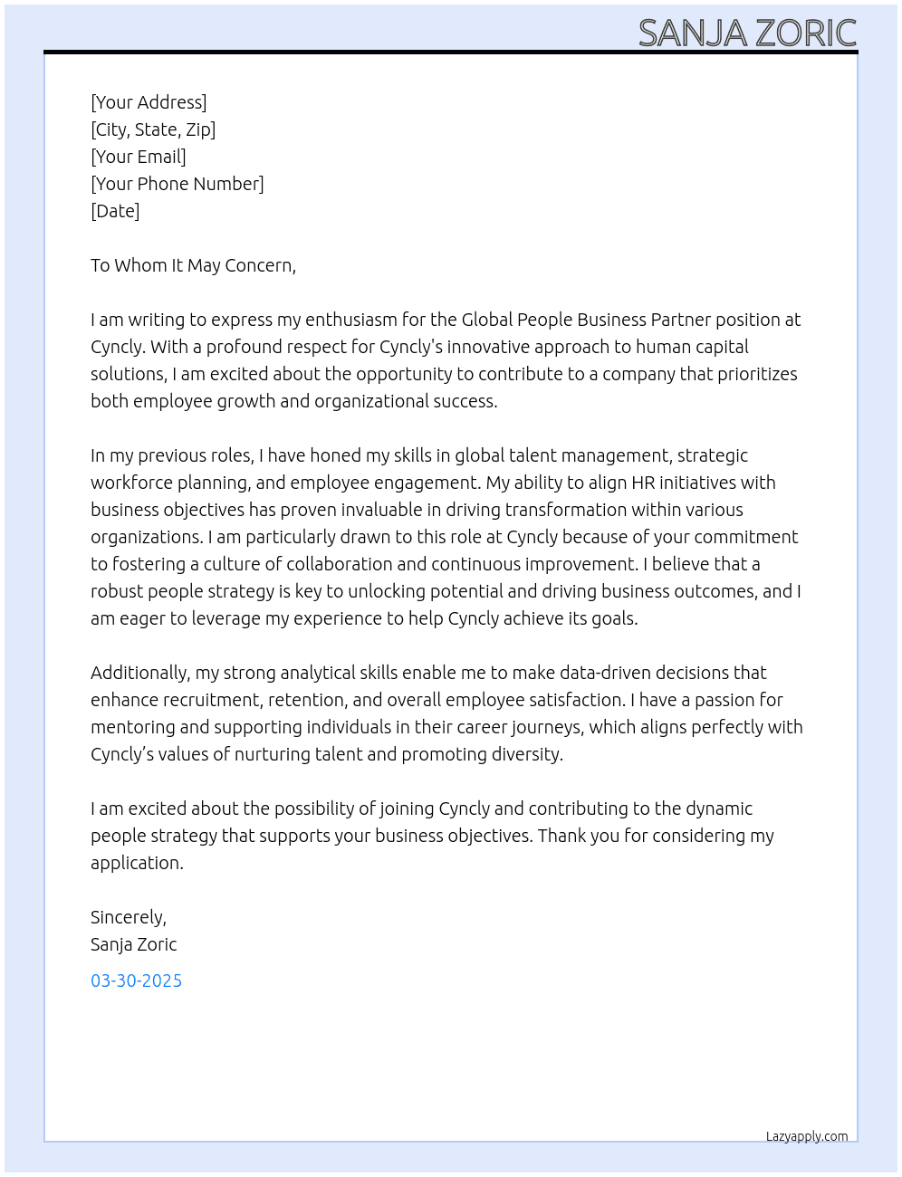 Global People Business Partner At Cyncly Cover Letter