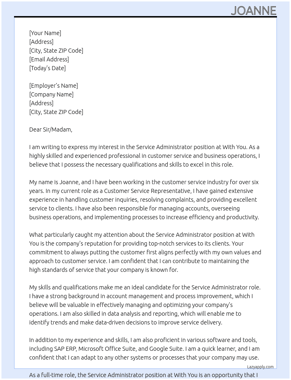 Service Administrator At With You Cover Letter