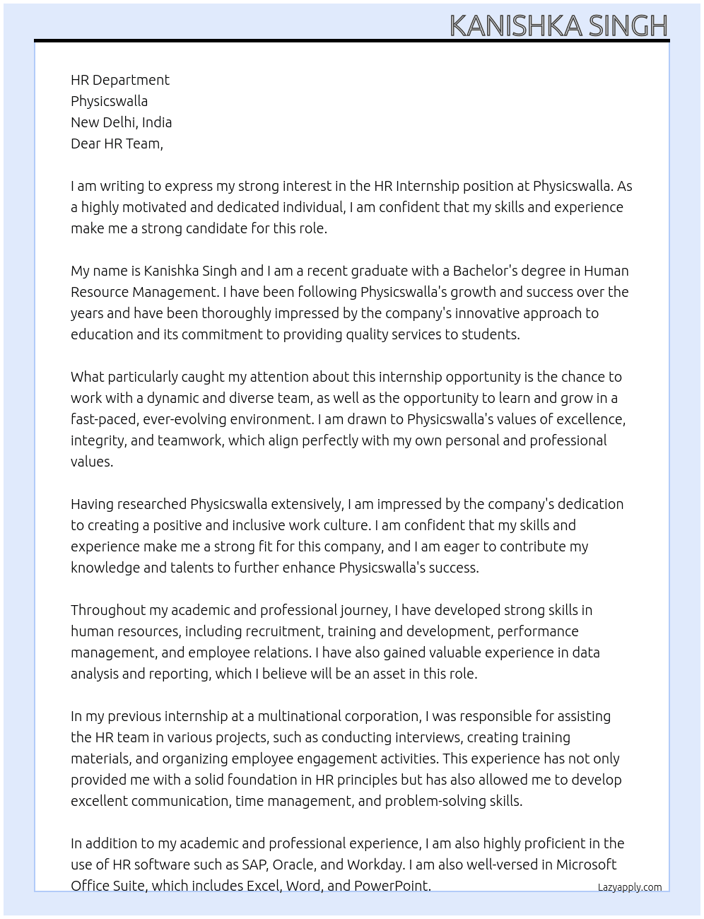 HR internship  At Physicswalla Cover Letter