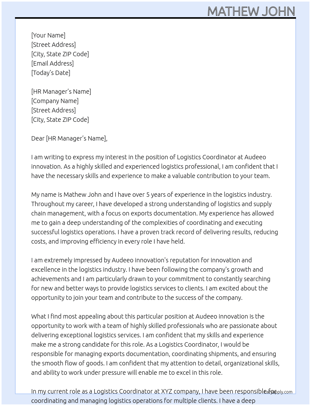 Logistics Coordinator  At Audeeo innovation Cover Letter