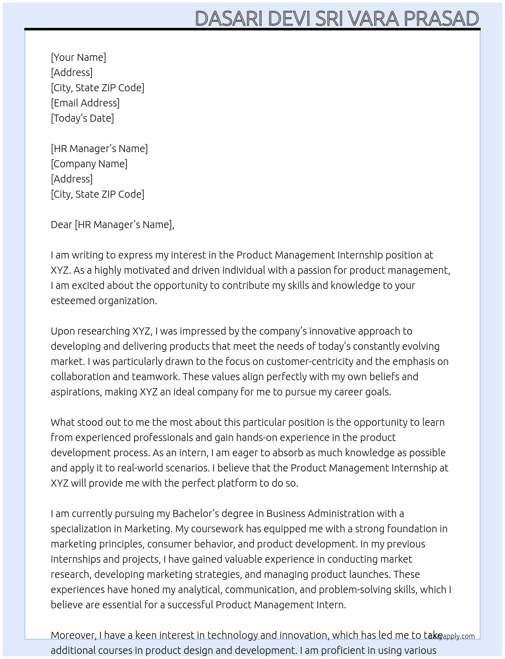 Product Management Internship At XYZ Cover Letter