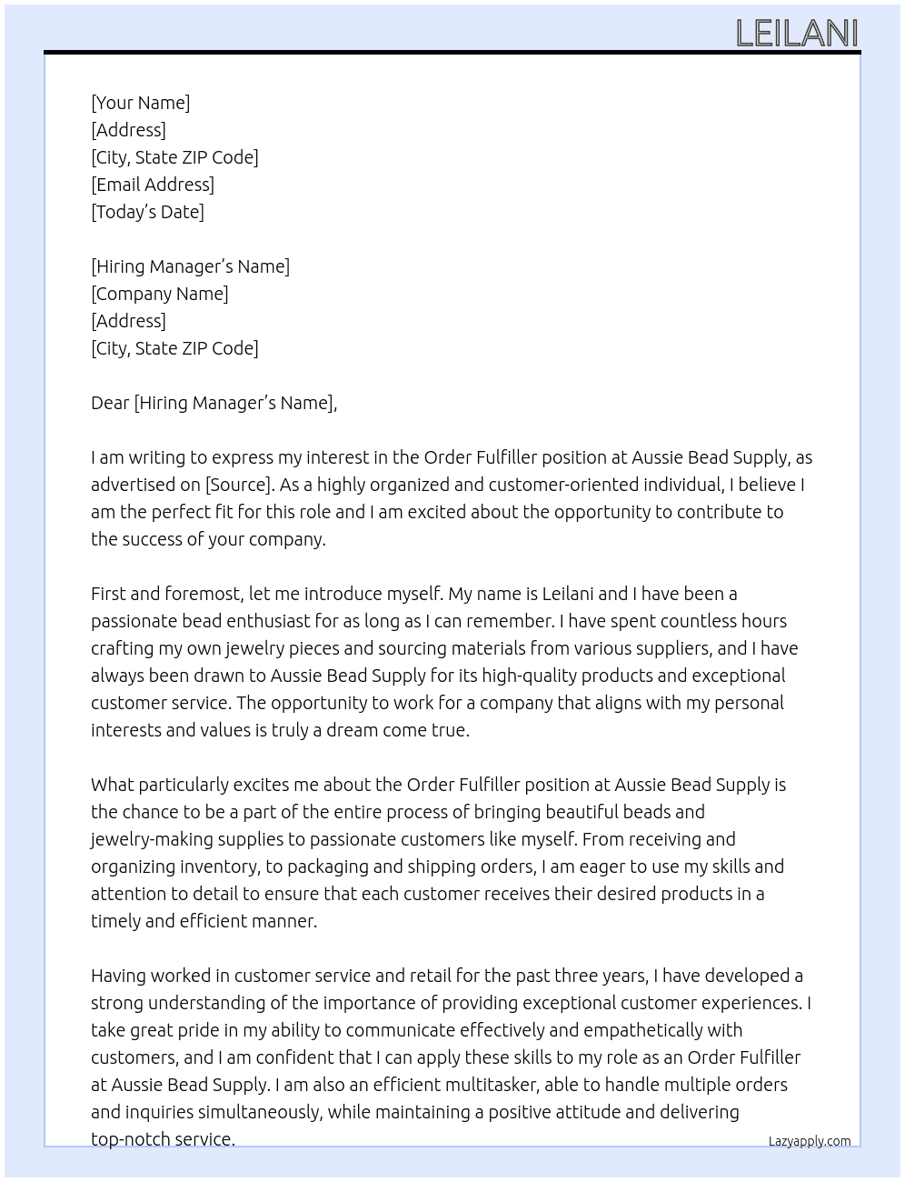 order fulfiller  At Aussie Bead Supply Cover Letter